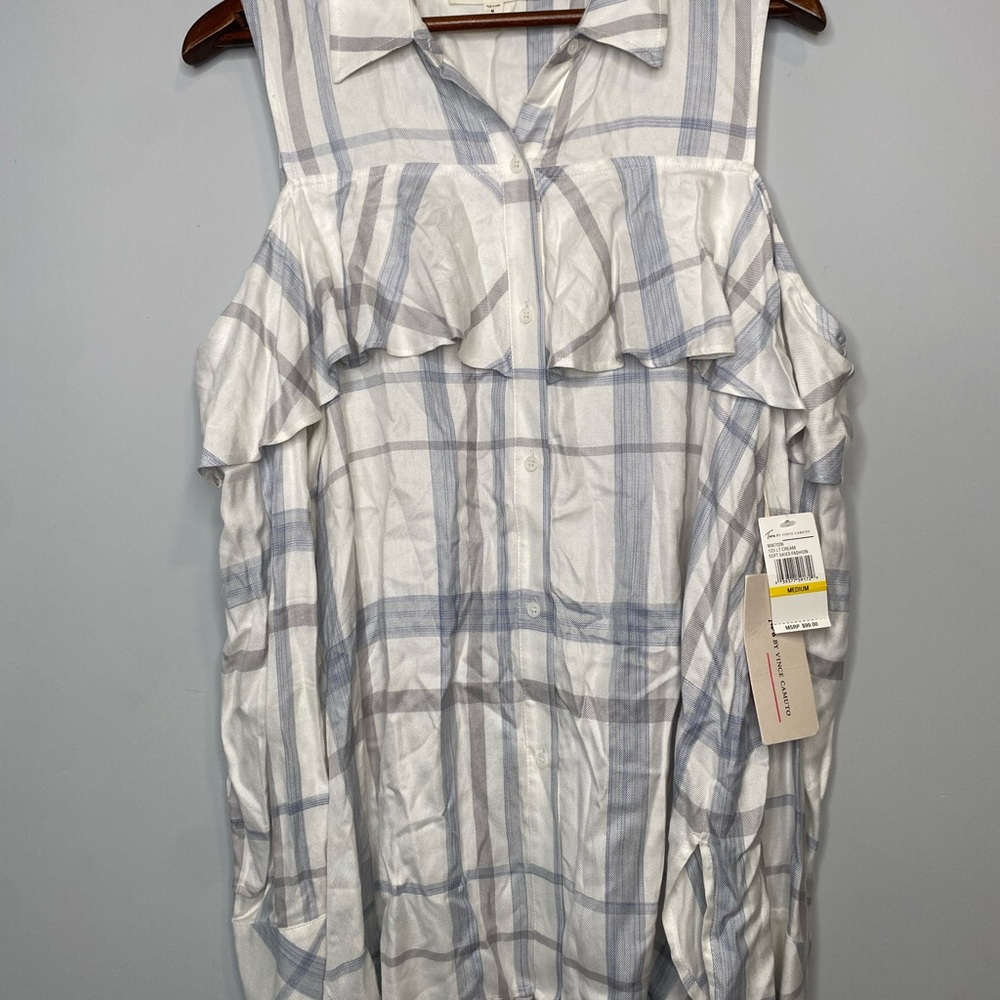 Vince Camuto Blue and White Plaid Button Down Cold Shoulder Ruffle Blouse Med.